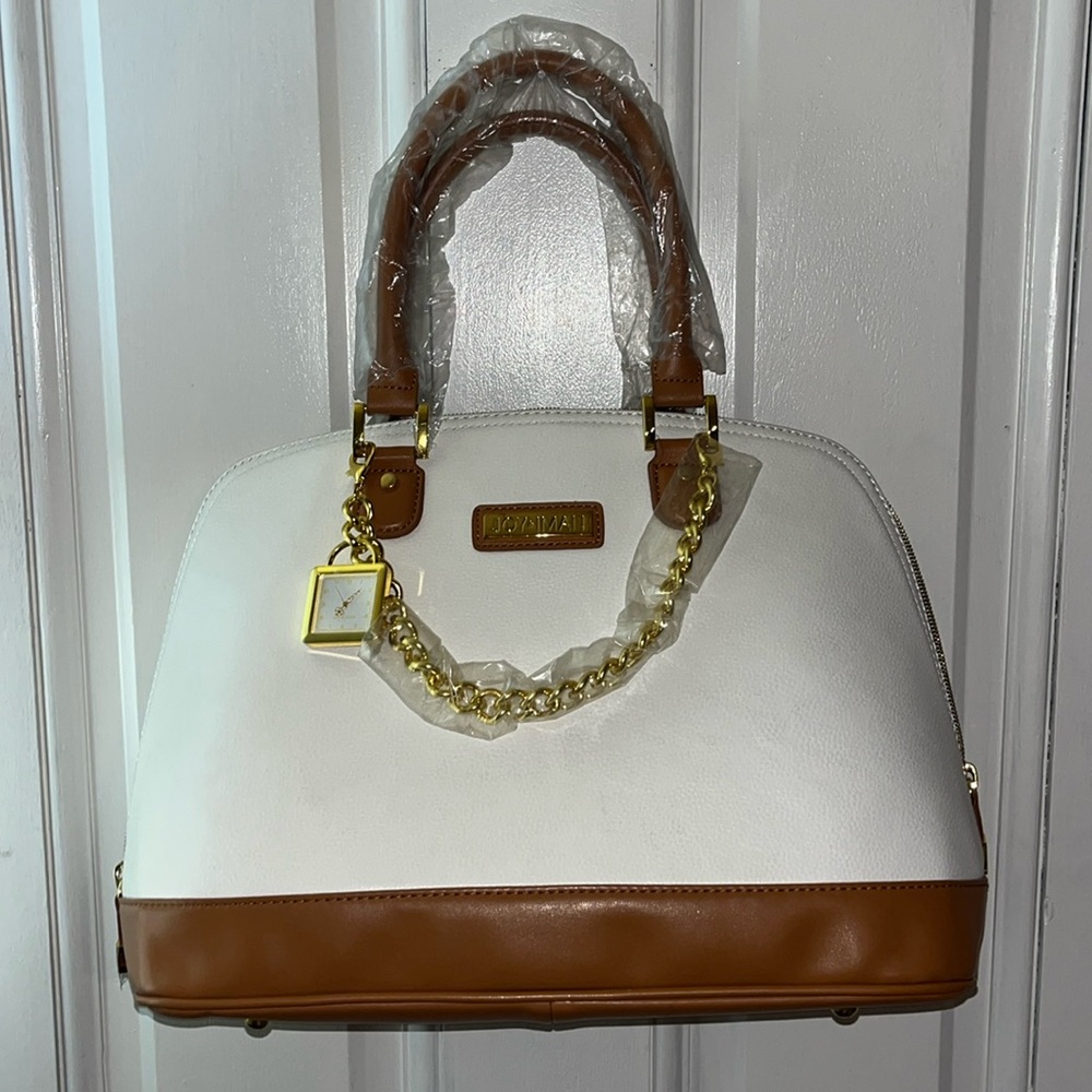NEW gorgeous white and camel split leather purse w/detachable chain & watch.